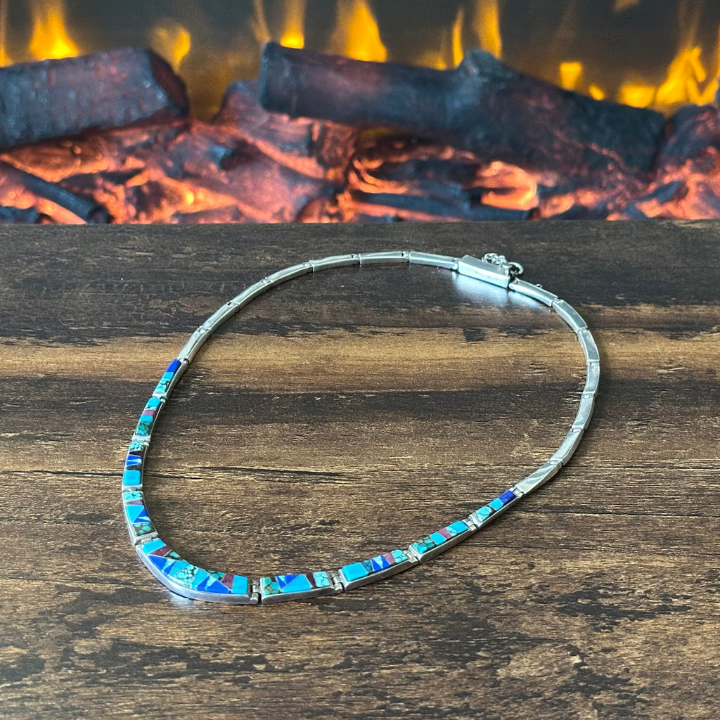 Touch of Santa Fe E David Signed Turquoise Lapis Purple Spiny Oyster Opal Sterling Hinged Inlay Necklace
