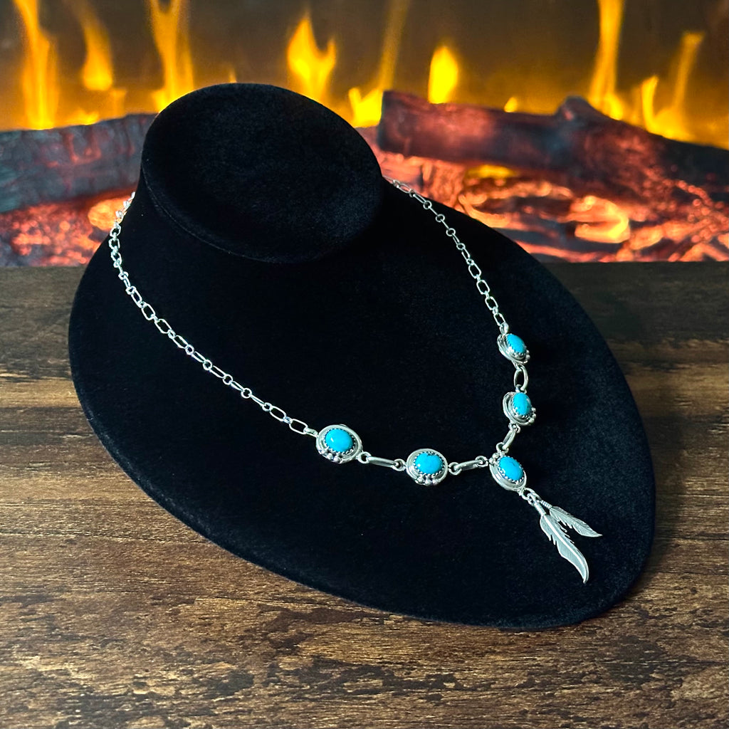 Navajo Verley Betone Turquoise 5 Stone Sterling Feather Necklace