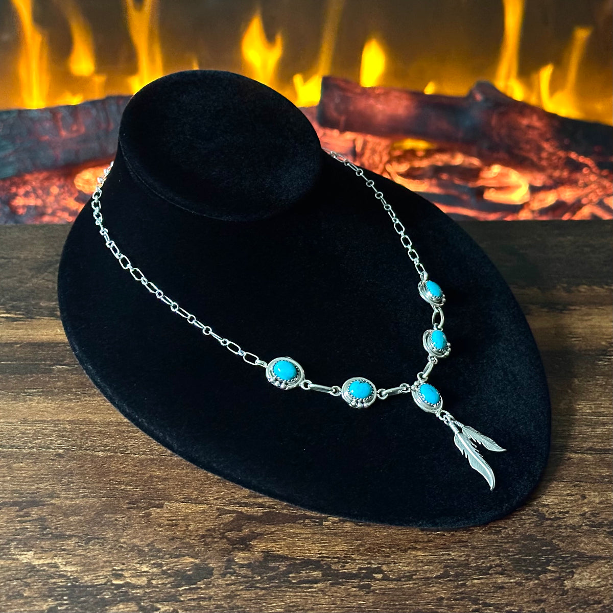 Navajo Verley Betone Turquoise 5 Stone Sterling Feather Necklace