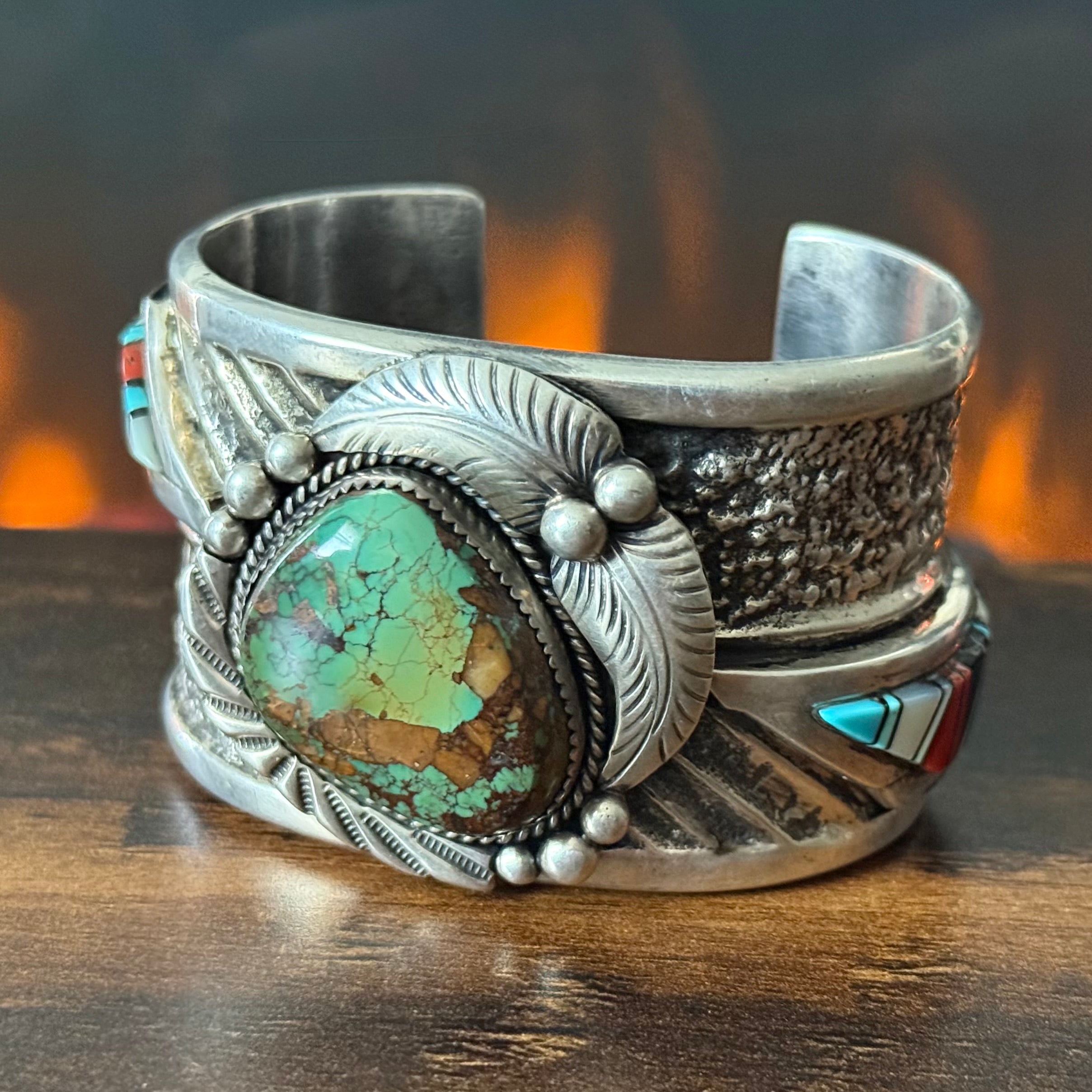 Turquoise Red Coral Mother of Pearl Jet Sterling Hand Stamped Inlay Statement Cuff