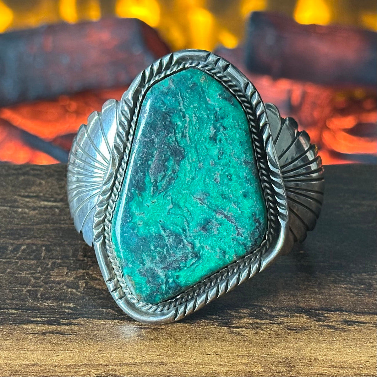 D Signed Variscite Sterling Twist Wire Bezel Statement Cuff