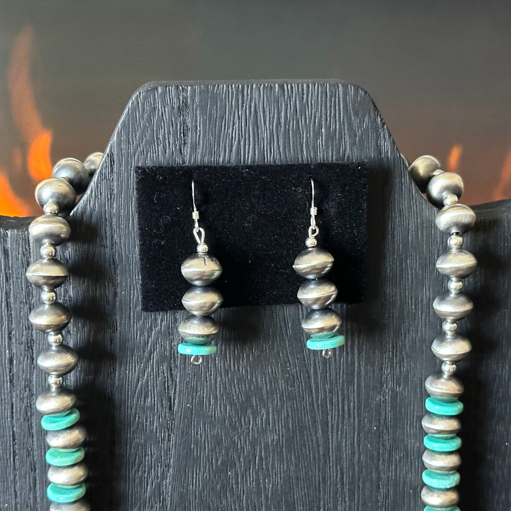Navajo Tysha Aparicio Turquoise Sterling Handmade Rectangular Bead Stamped Necklace Earrings Set