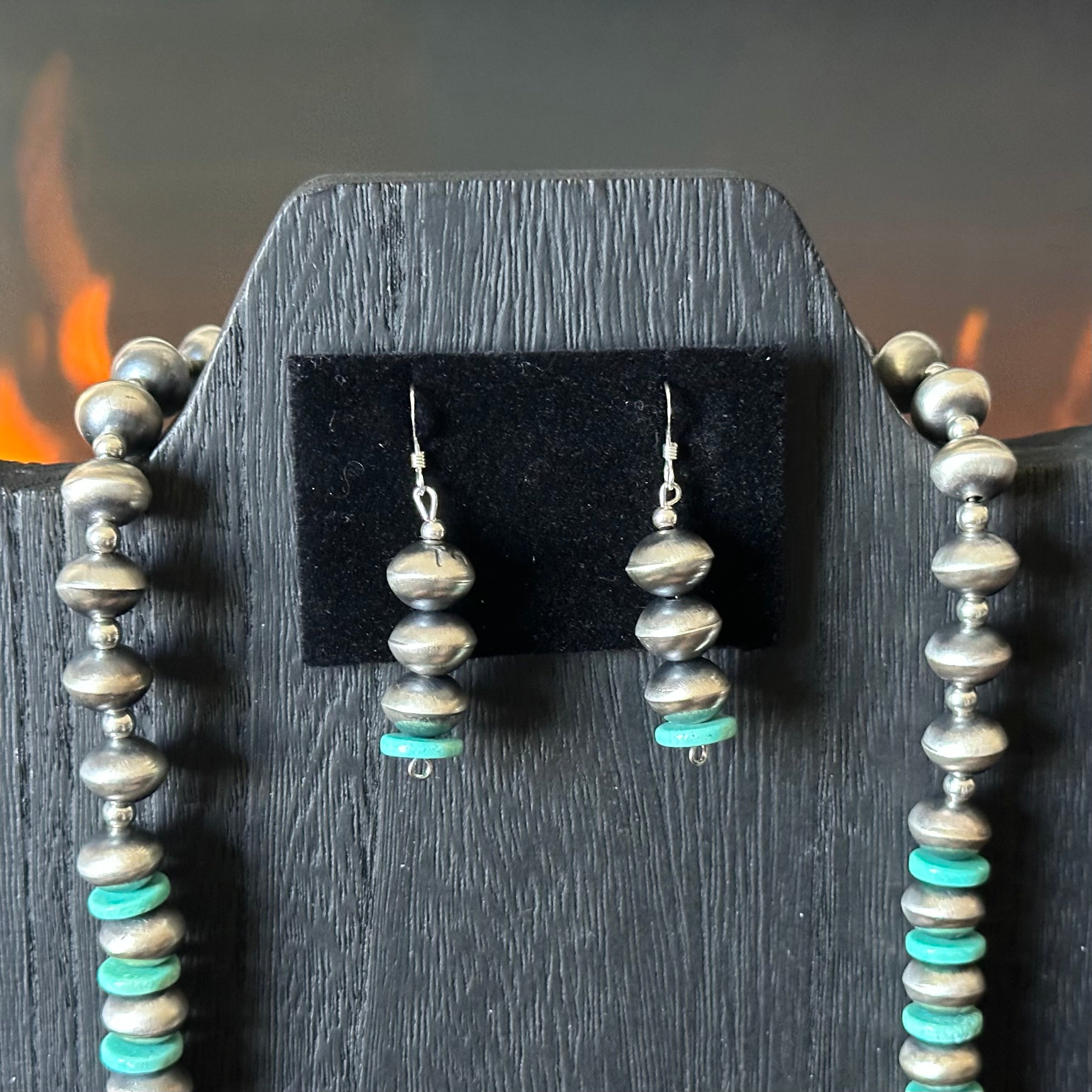 Navajo Tysha Aparicio Turquoise Sterling Handmade Rectangular Bead Stamped Necklace Earrings Set
