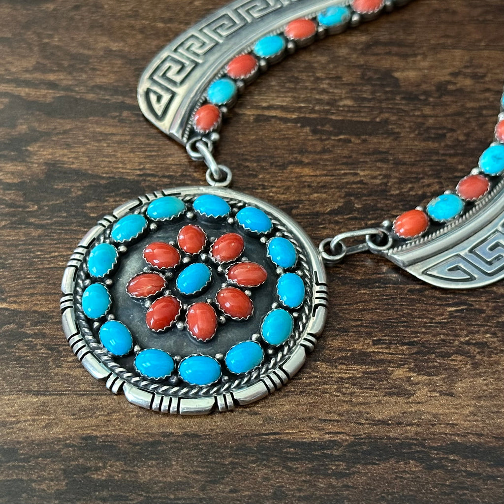 Navajo E. Etsitty Turquoise Red Coral 42 Stone Sterling Floral Cluster Statement Necklace