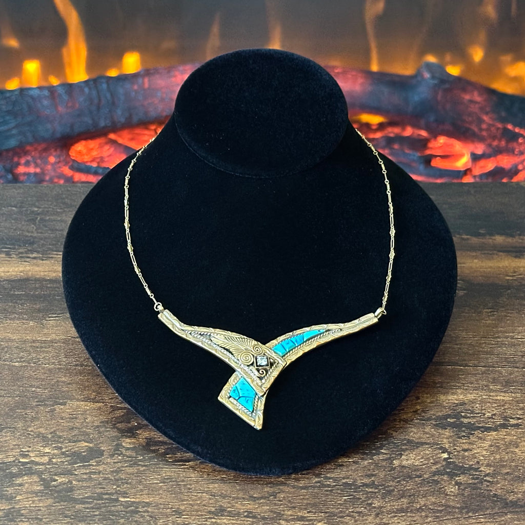 Silver Ray Turquoise Gold Over Sterling Ornate Hand Stamped Inlay Necklace