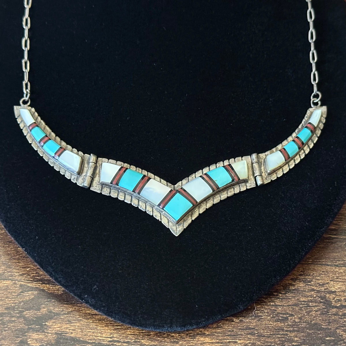 Vintage R Signed Turquoise Mother of Pearl Red Coral Sterling Hinged Inlay Necklace