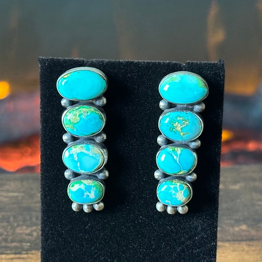 Navajo Debra Smith Sonoran Gold Turquoise 8 Stone Sterling Stud Earrings