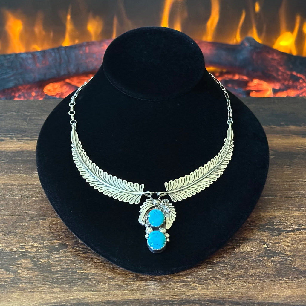 D Signed Turquoise Sterling Hand Stamped Twist Wire Feather Statement Necklace