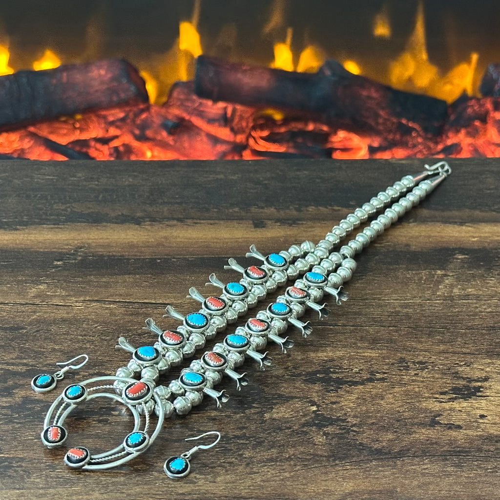 Navajo Phil & Lenora Garcia Turquoise Red Coral 19 Stone Sterling Squash Blossom Earrings Set