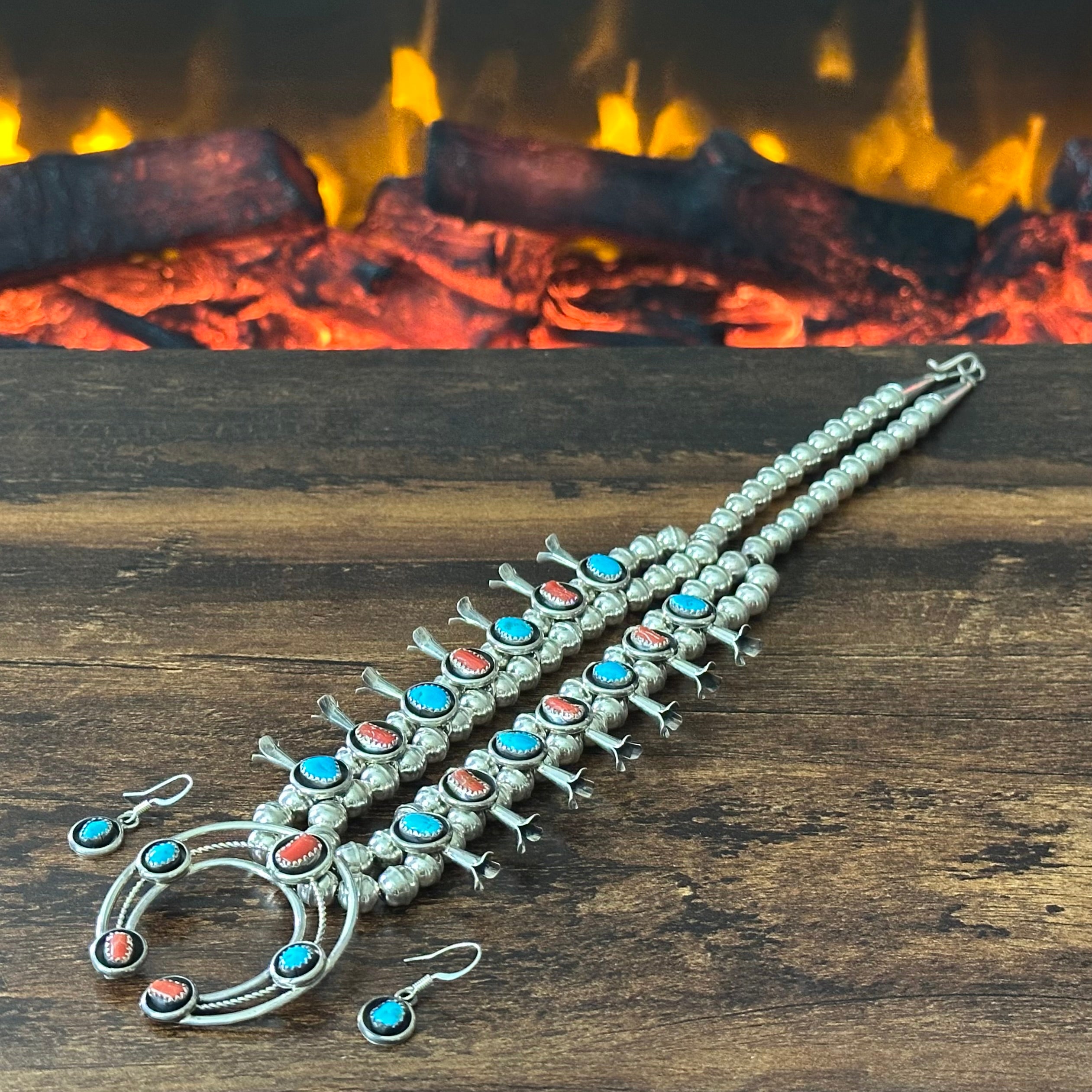 Navajo Phil & Lenora Garcia Turquoise Red Coral 19 Stone Sterling Squash Blossom Earrings Set