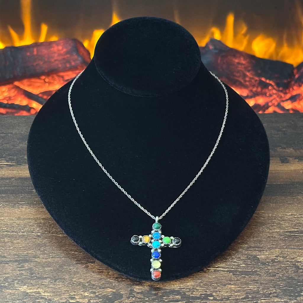 Navajo Lenora Begay Turquoise Lapis Onyx Sodalite Gaspeite Malachite Tigers Eye 10 Stone Sterling Cross Pendant Necklace