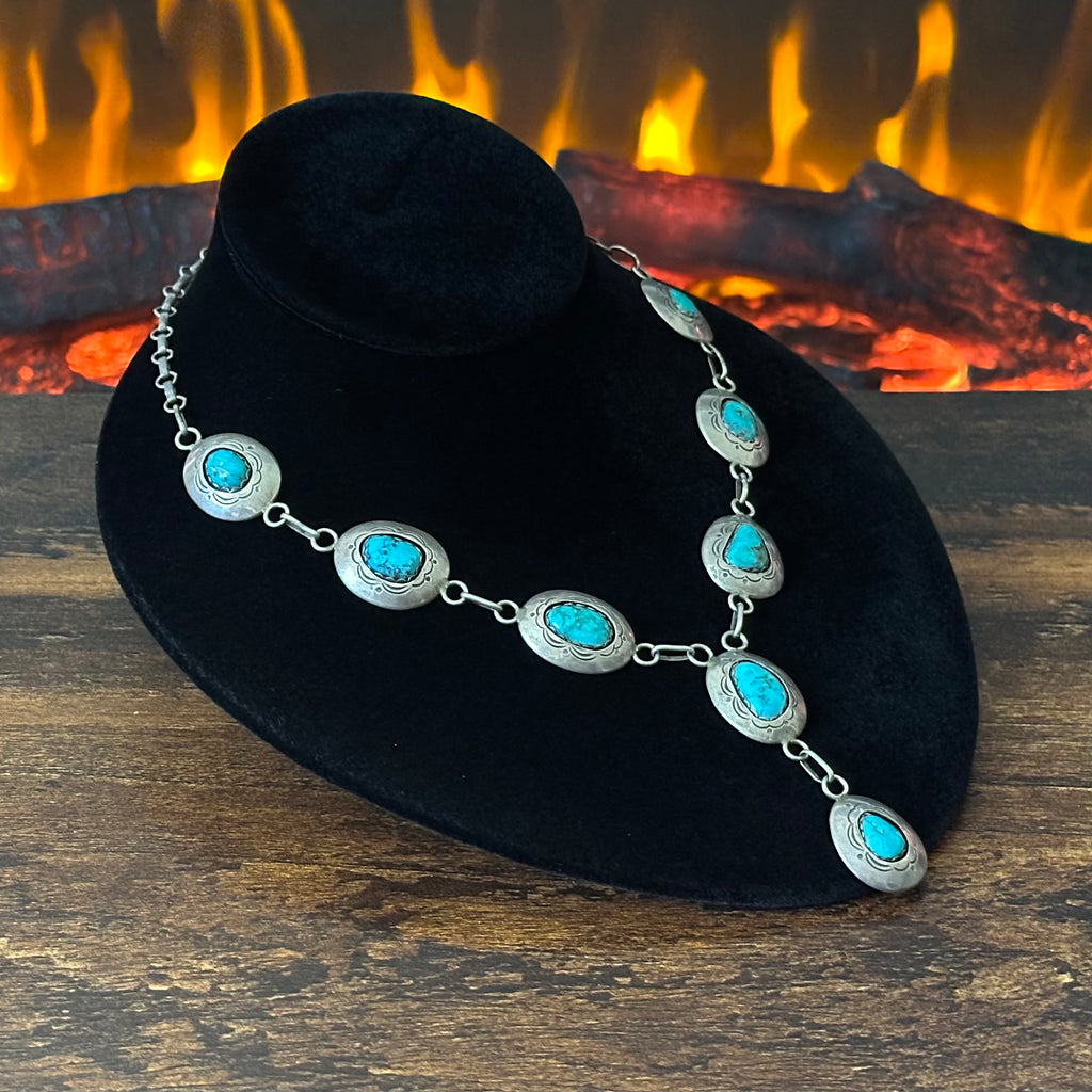 Navajo Jefferson James Turquoise 8 Stone Sterling Hand Stamped Shadowbox Lariat Necklace