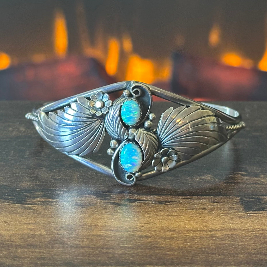 Opal Sterling Twist Wire Ornate Floral Cuff