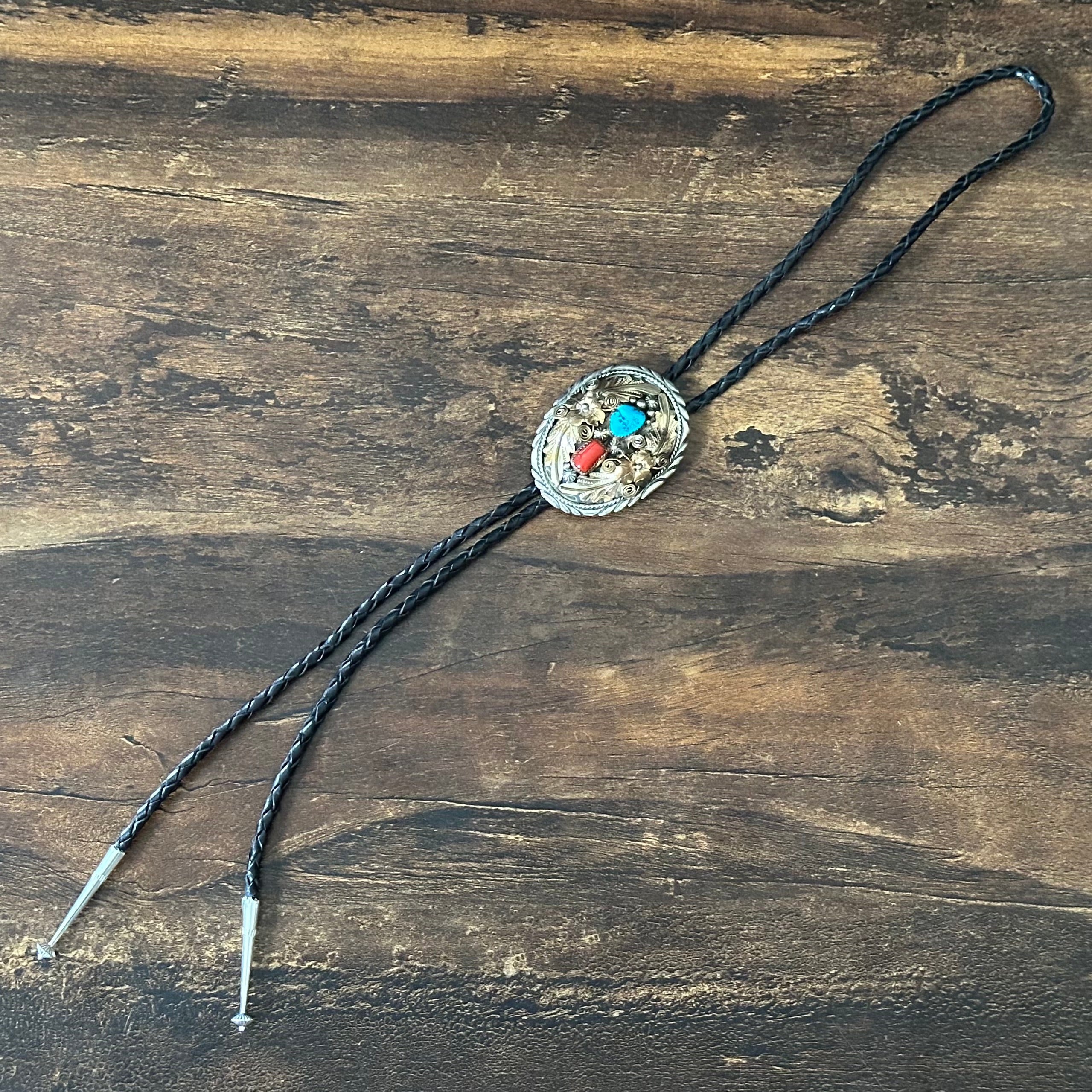 J.R. Estes Signed Turquoise Red Coral Gold Over Sterling Ornate Bolo Tie