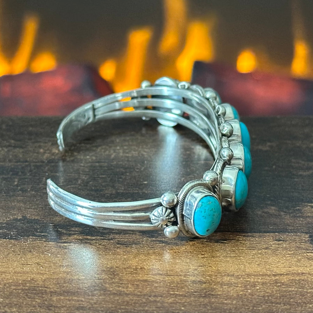 Navajo Jimmy Garcia Turquoise 7 Stone Sterling Twist Wire Bezel Raindrop Cuff