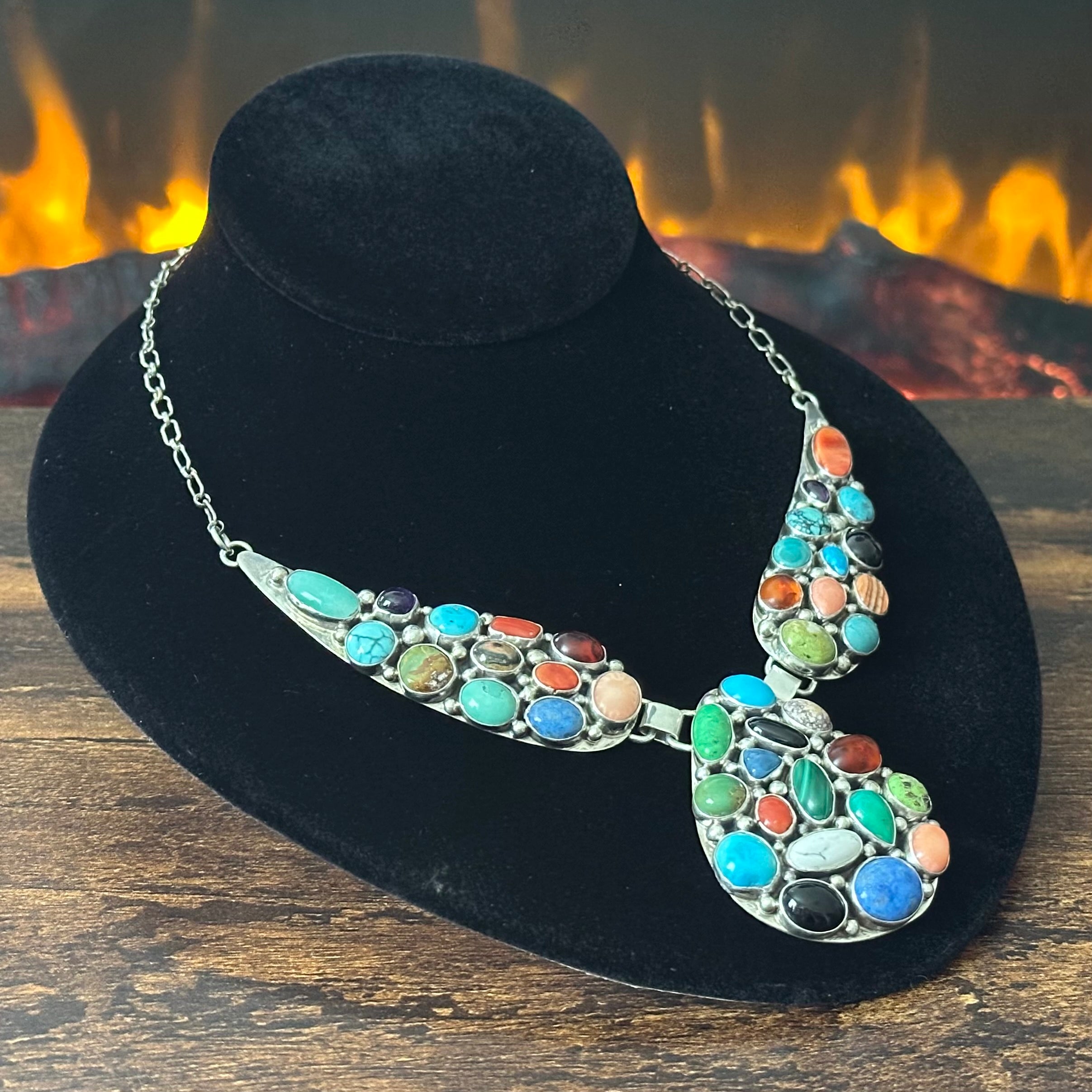 Navajo Emer Thompson Turquoise Onyx Amber Sodalite Red Coral Spiny Oyster Gaspeite Amethyst 40 Stone Sterling Cluster Teardrop Statement Necklace