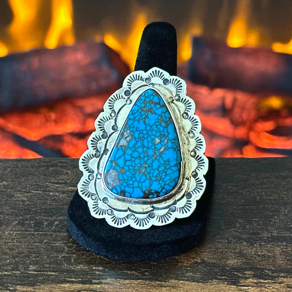 San Felipe Jacob Troncosa Webbed Turquoise Sterling Hand Stamped Adjustable Statement Ring