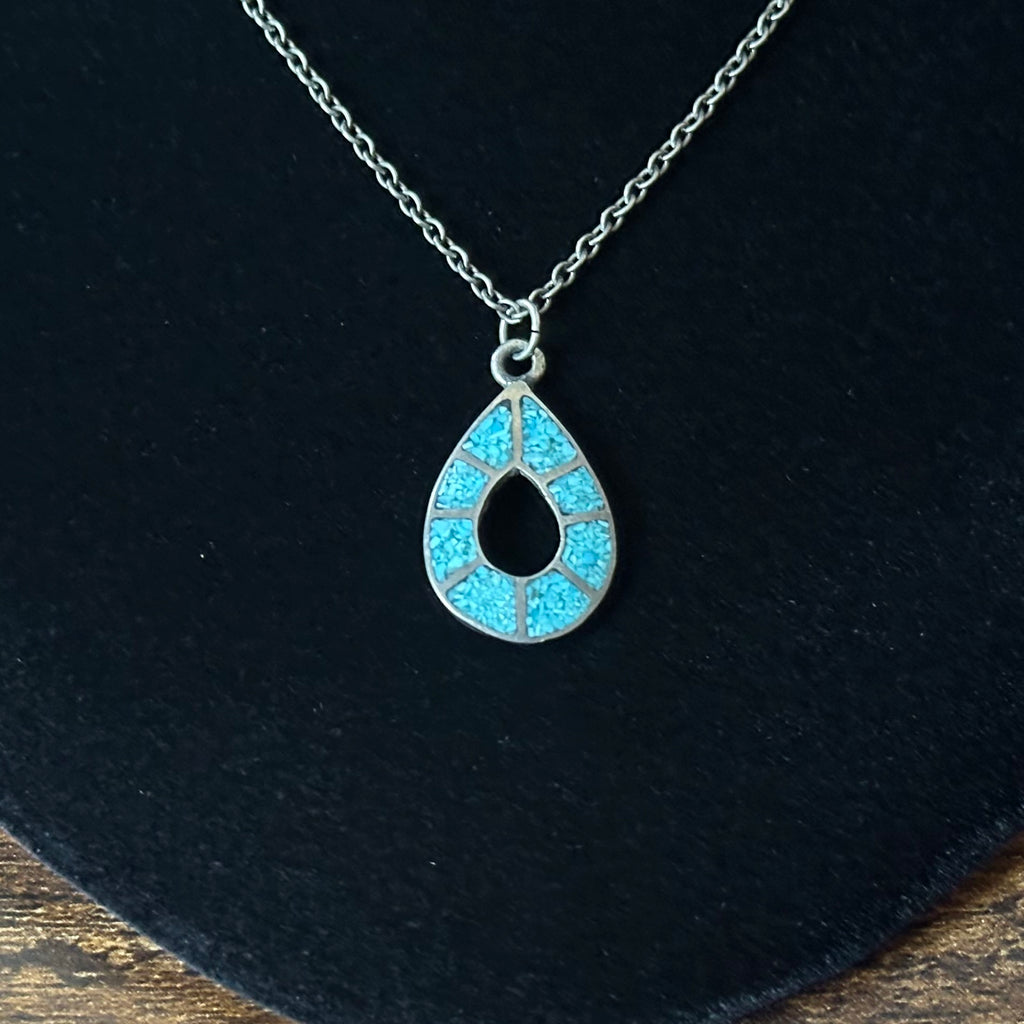 Turquoise Sterling Chip Inlay Teardrop Pendant Necklace