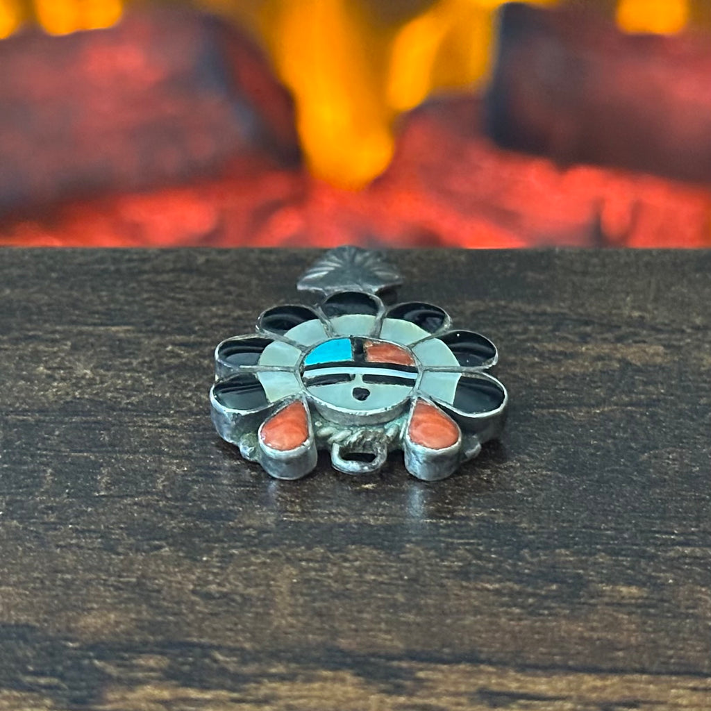Zuni Morris Laahte Turquoise Red Coral Mother of Pearl Jet Sterling Sunface Inlay Pendant