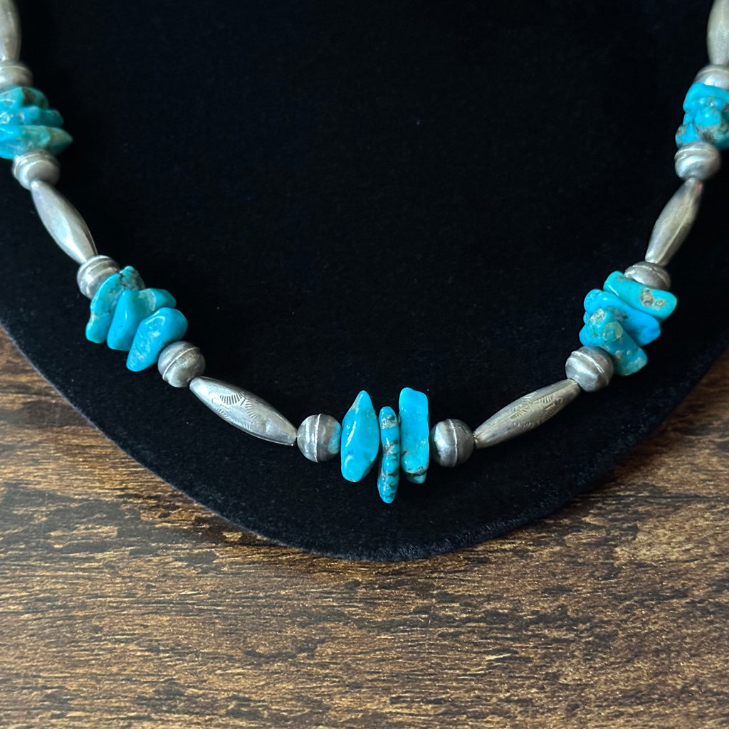 Chunky Turquoise 33 Stone Sterling Bench Stamped Torpedo Bead Necklace