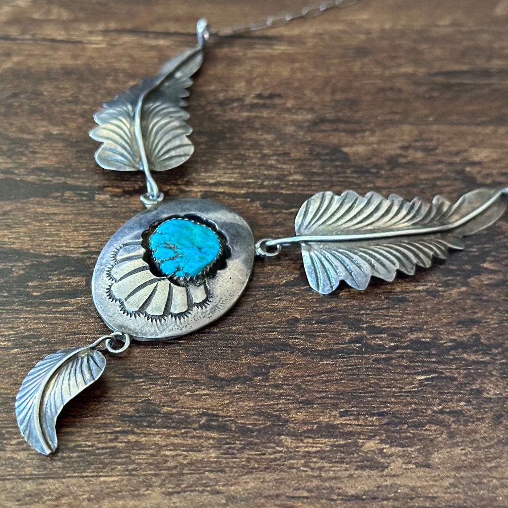 M Signed Vintage Turquoise Sterling Hand Stamped Shadowbox Feather Necklace