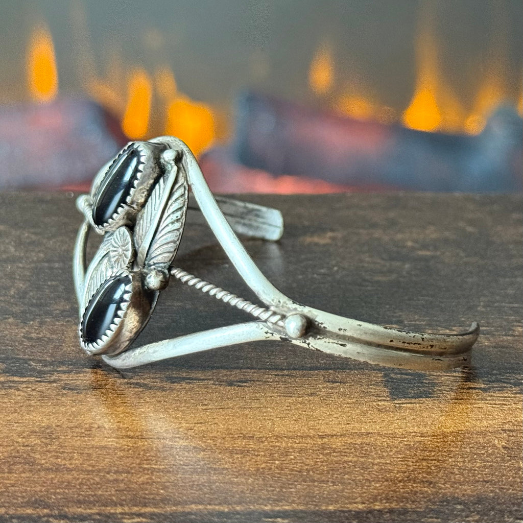 Onyx 2 Stone Sterling Twist Wire Leaf Cuff