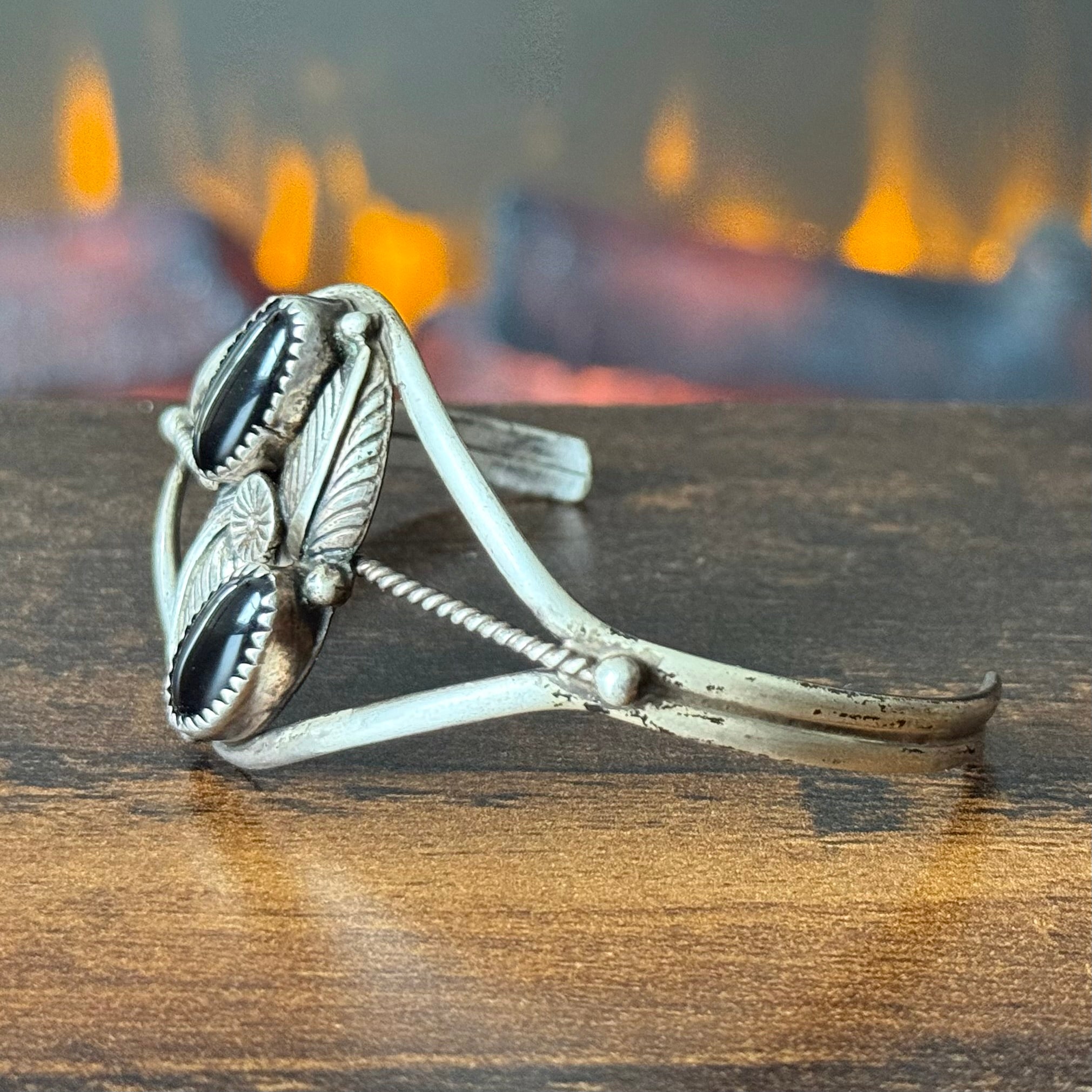 Onyx 2 Stone Sterling Twist Wire Leaf Cuff