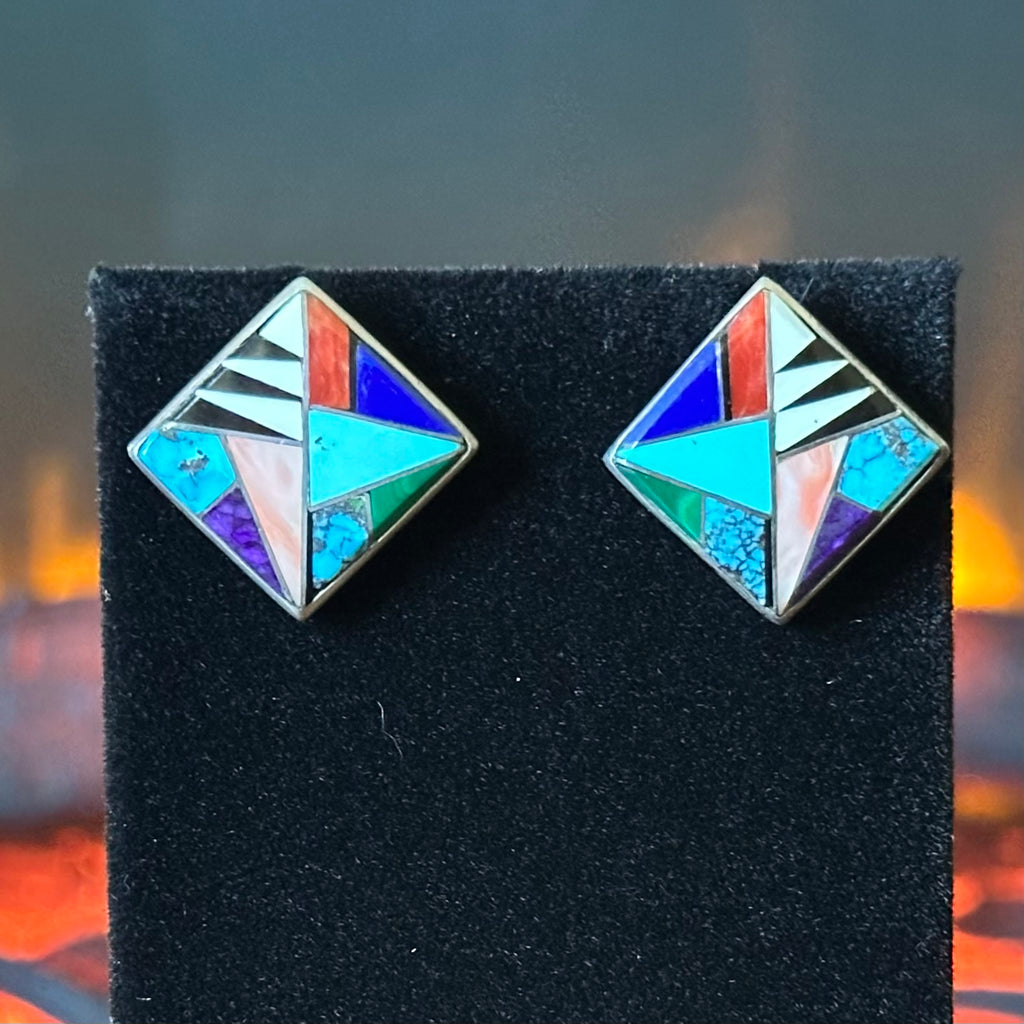 R Boyd Signed Turquoise Lapis Pink Conch Red Coral Malachite Sterling Inlay Stud Earrings
