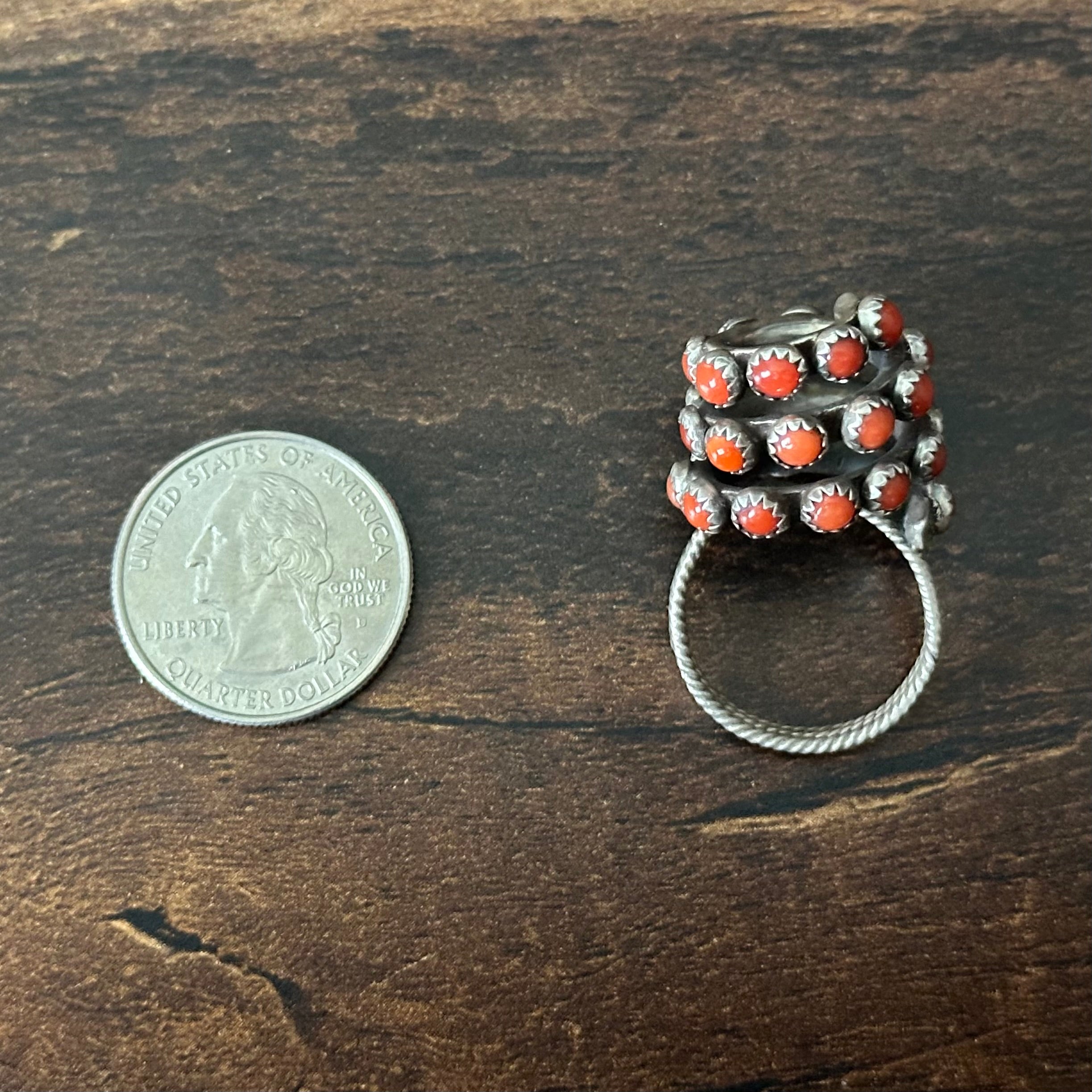 Vintage Red Coral 30 Stone Spiral Snake Eye Spiral Ring