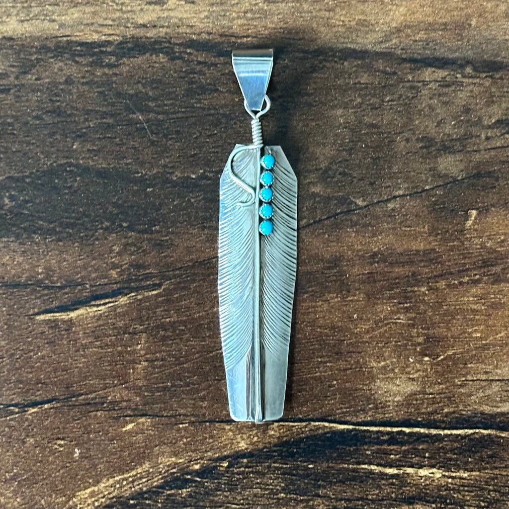Navajo Bernice Bonney Turquoise 5 Stone Sterling Snake Eye Feather Pendant