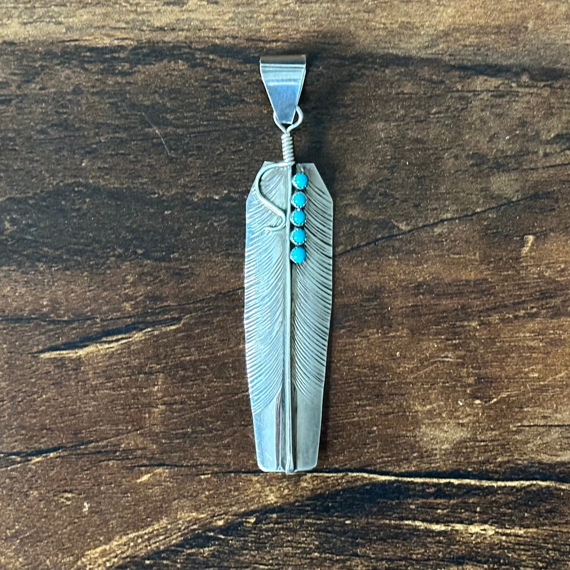 Navajo Bernice Bonney Turquoise 5 Stone Sterling Snake Eye Feather Pendant