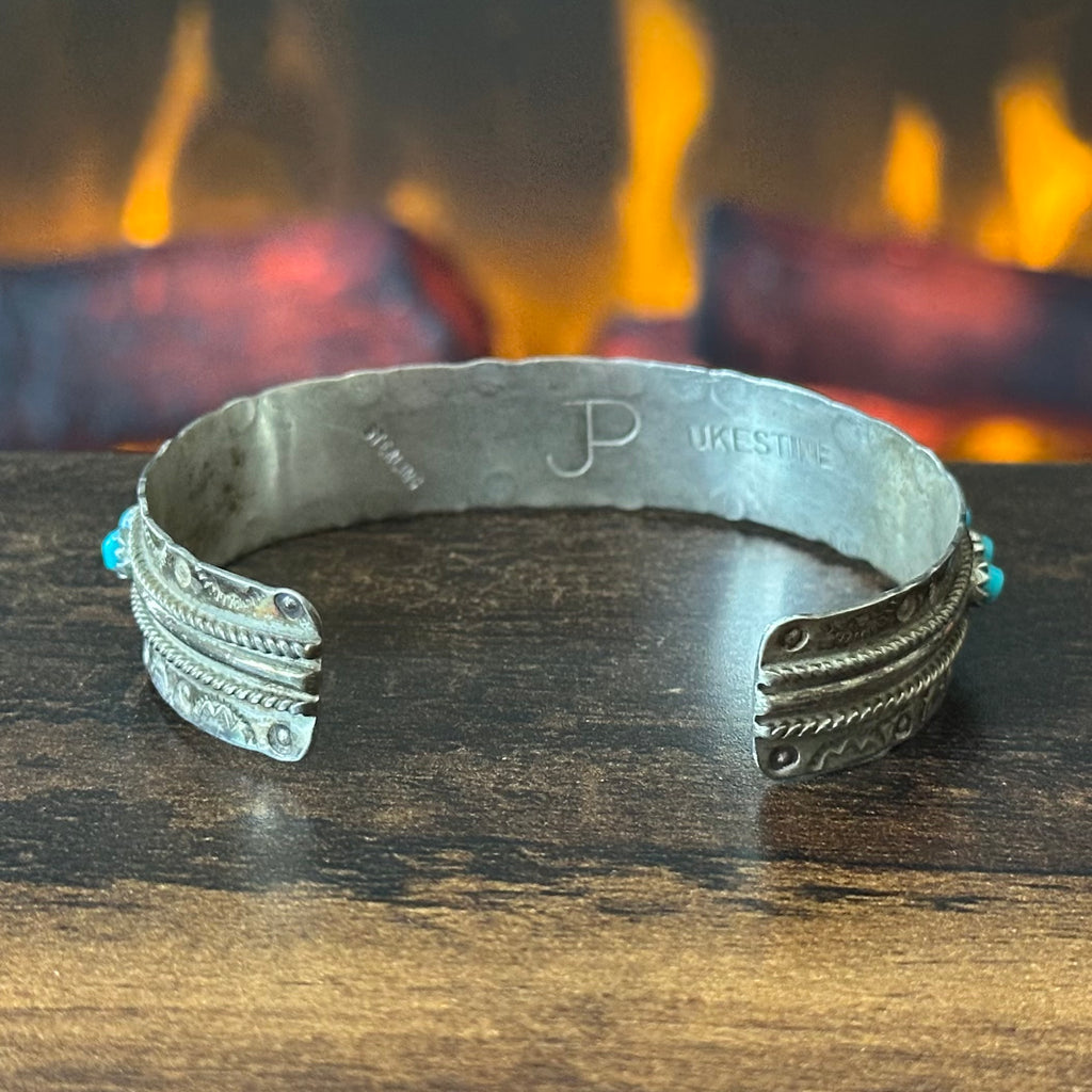 Zuni Jason & Pearl Ukestine Turquoise 21 Stone Sterling Hand Stamped Snake Eye Stacker Cuff