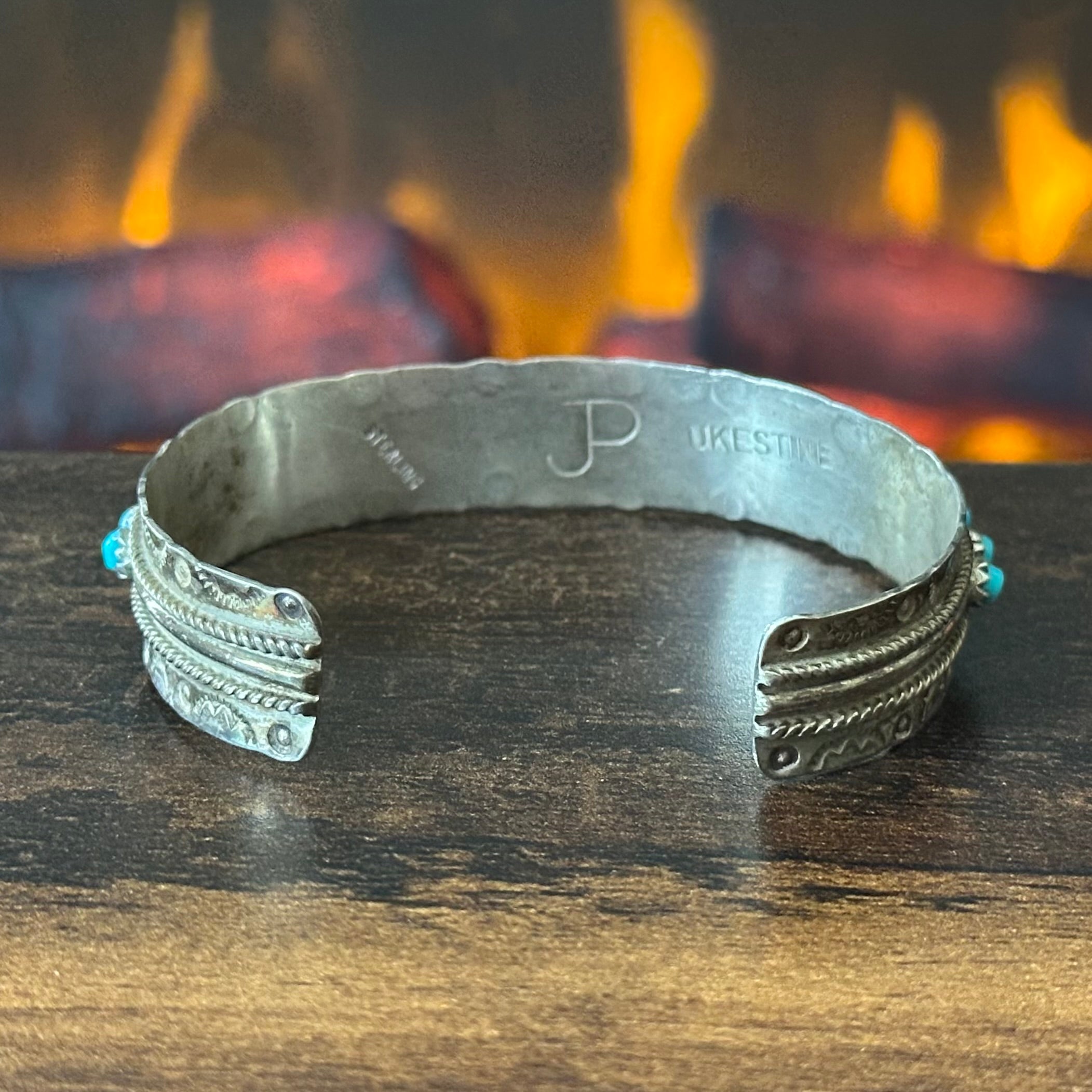 Zuni Jason & Pearl Ukestine Turquoise 21 Stone Sterling Hand Stamped Snake Eye Stacker Cuff