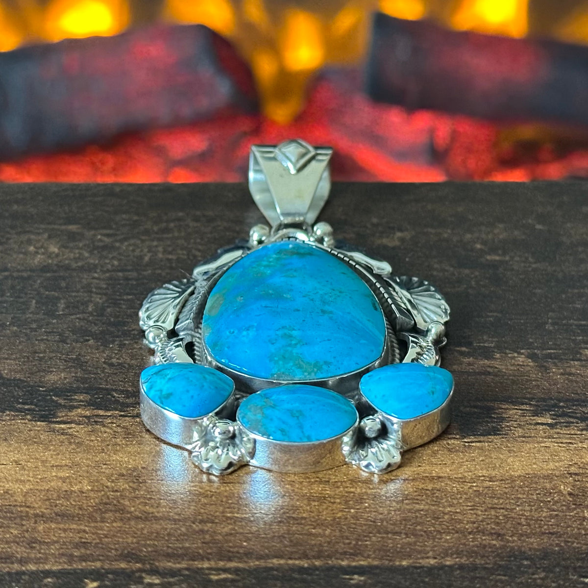 Navajo Emerson Delgarito Turquoise 4 Stone Sterling Twist Wire Bezel Statement Pendant