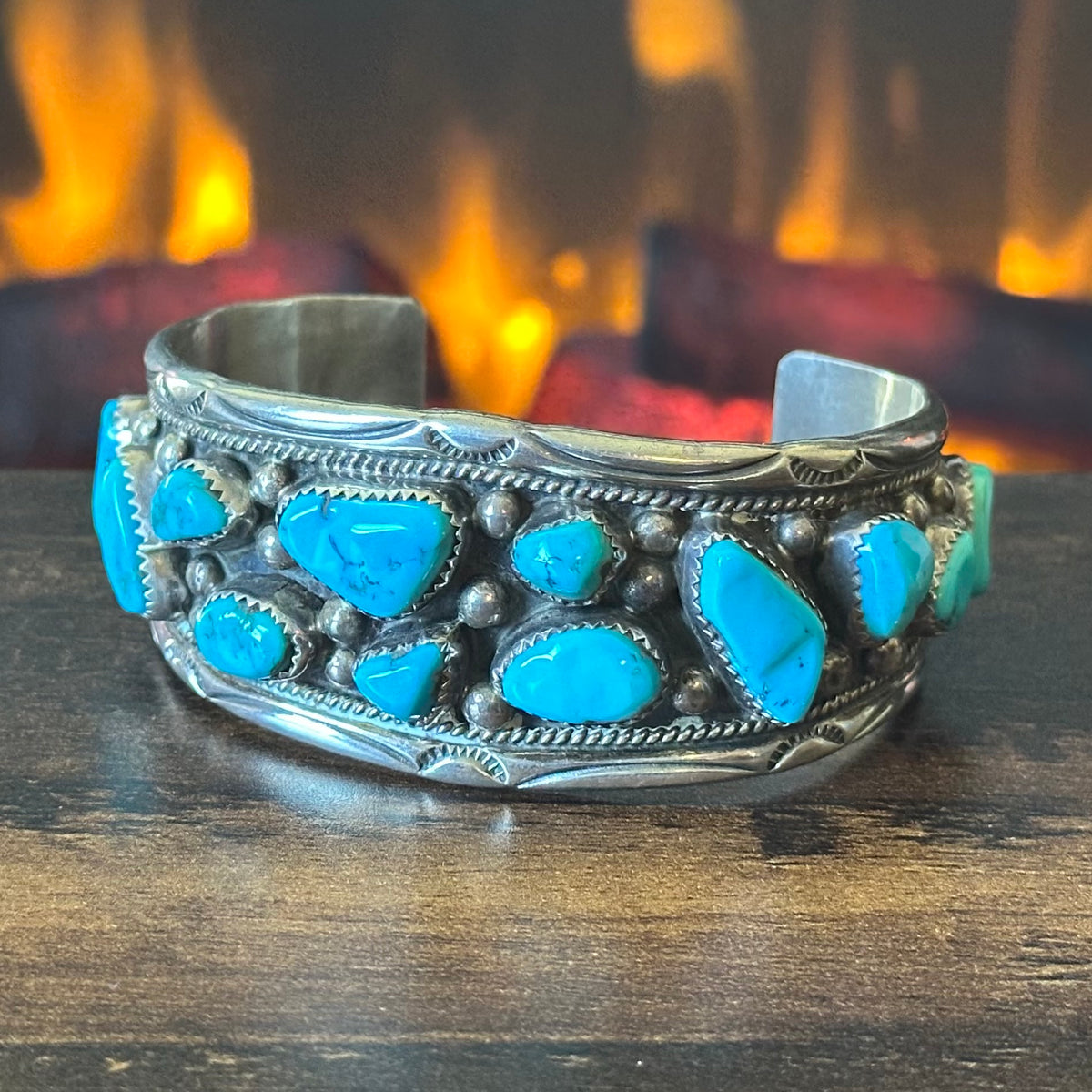 T Kinc Signed Chunky Turquoise 15 Stone Sterling Twist Wire Raindrop Statement Cuff