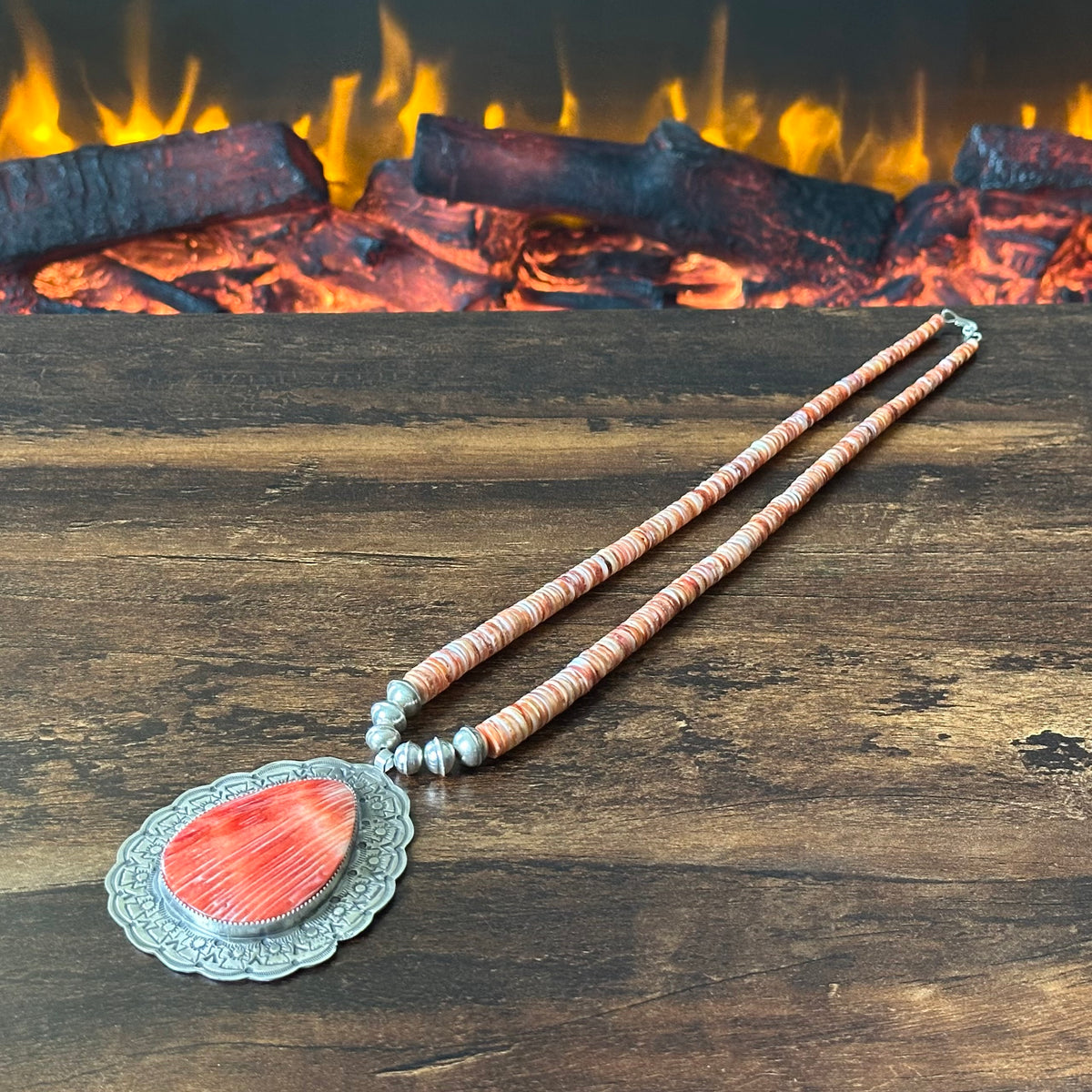 Navajo Tawney Willie Orange Spiny Oyster Sterling Hand Stamped Heishi Statement Necklace