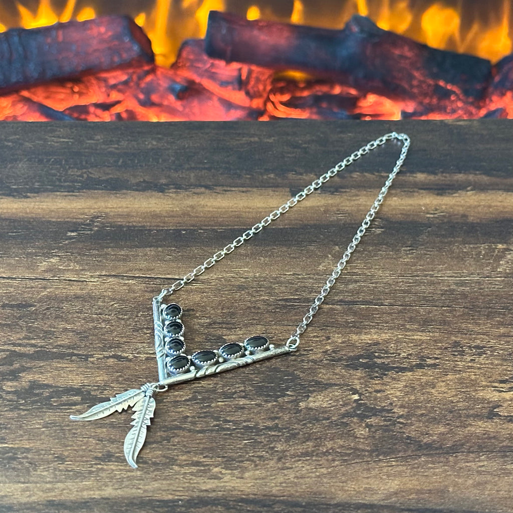 Navajo Nelson S. Clark Onyx 7 Stone Sterling V Shaped Feather Necklace