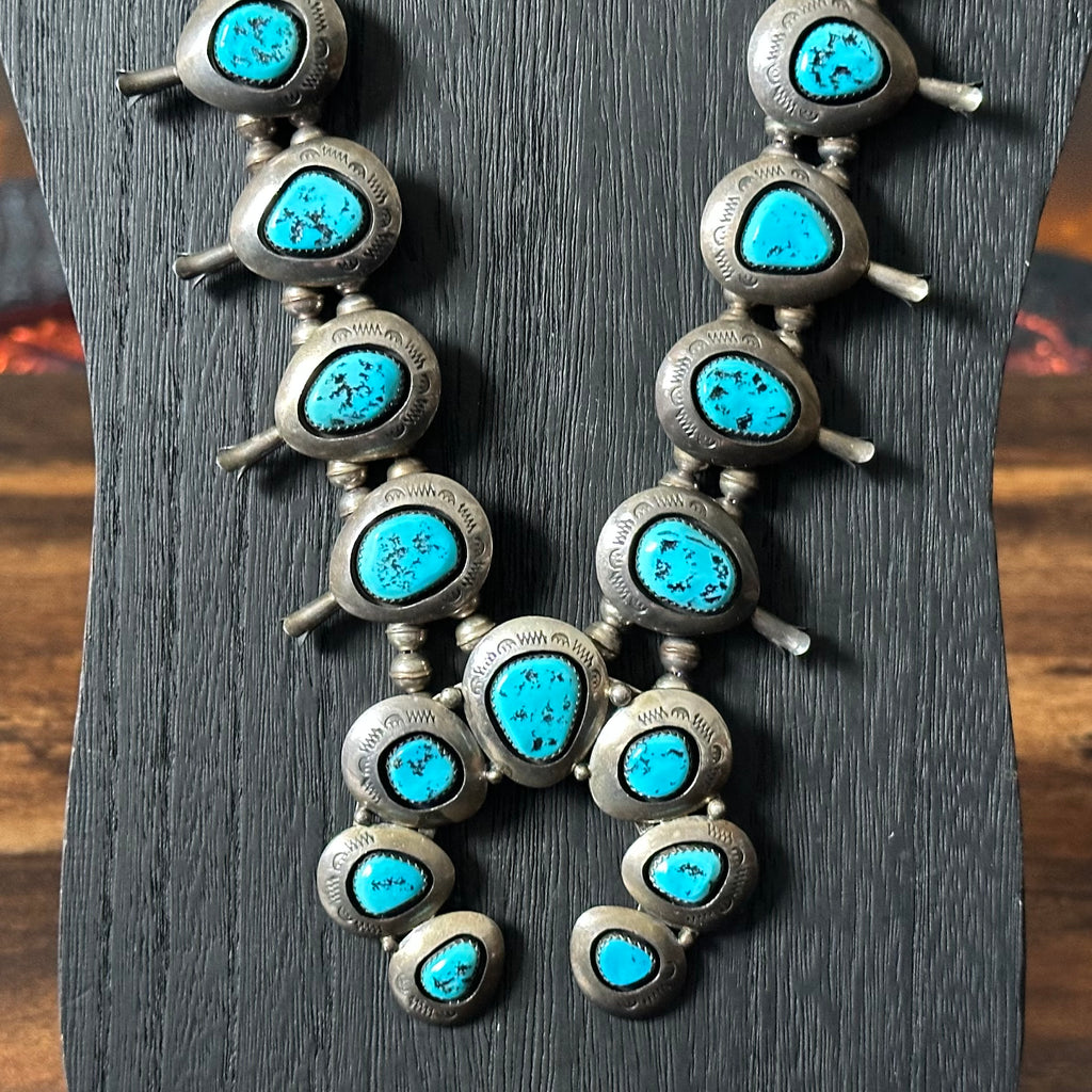 Navajo Teddy Goodluck Turquoise 19 Stone Sterling Shadowbox Hand Stamped Squash Blossom