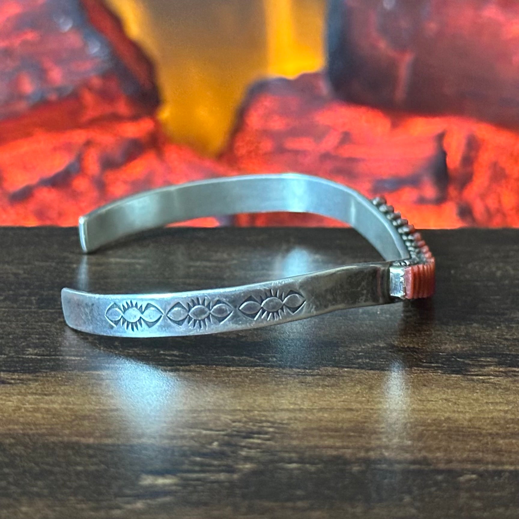 RL Signed Red Coral 18 Stone Sterling Hand Stamped Needlepoint Cuff
