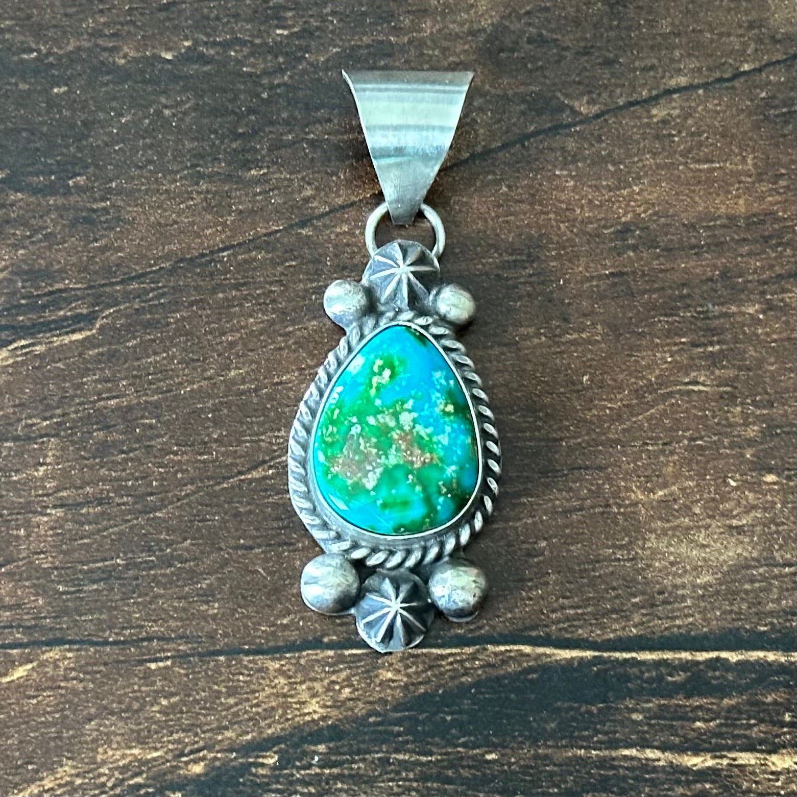 Navajo Marita Benally Sonoran Gold Turquoise Sterling Twist Wire Bezel Pendant