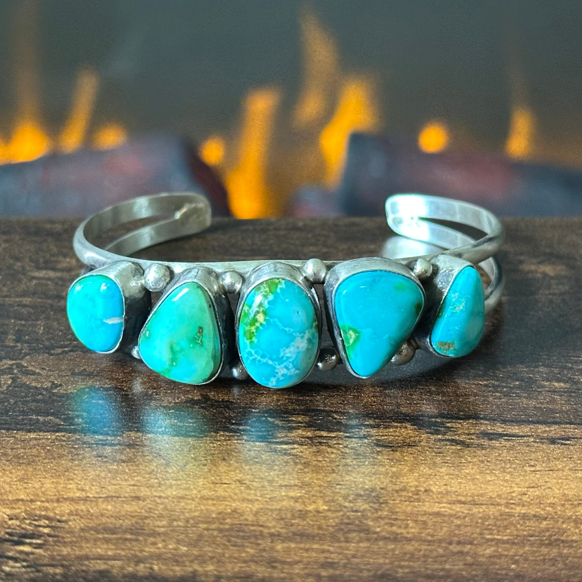 Navajo Augustine Largo Sonoran Gold Turquoise Sterling 5 Stone Raindrop Cuff