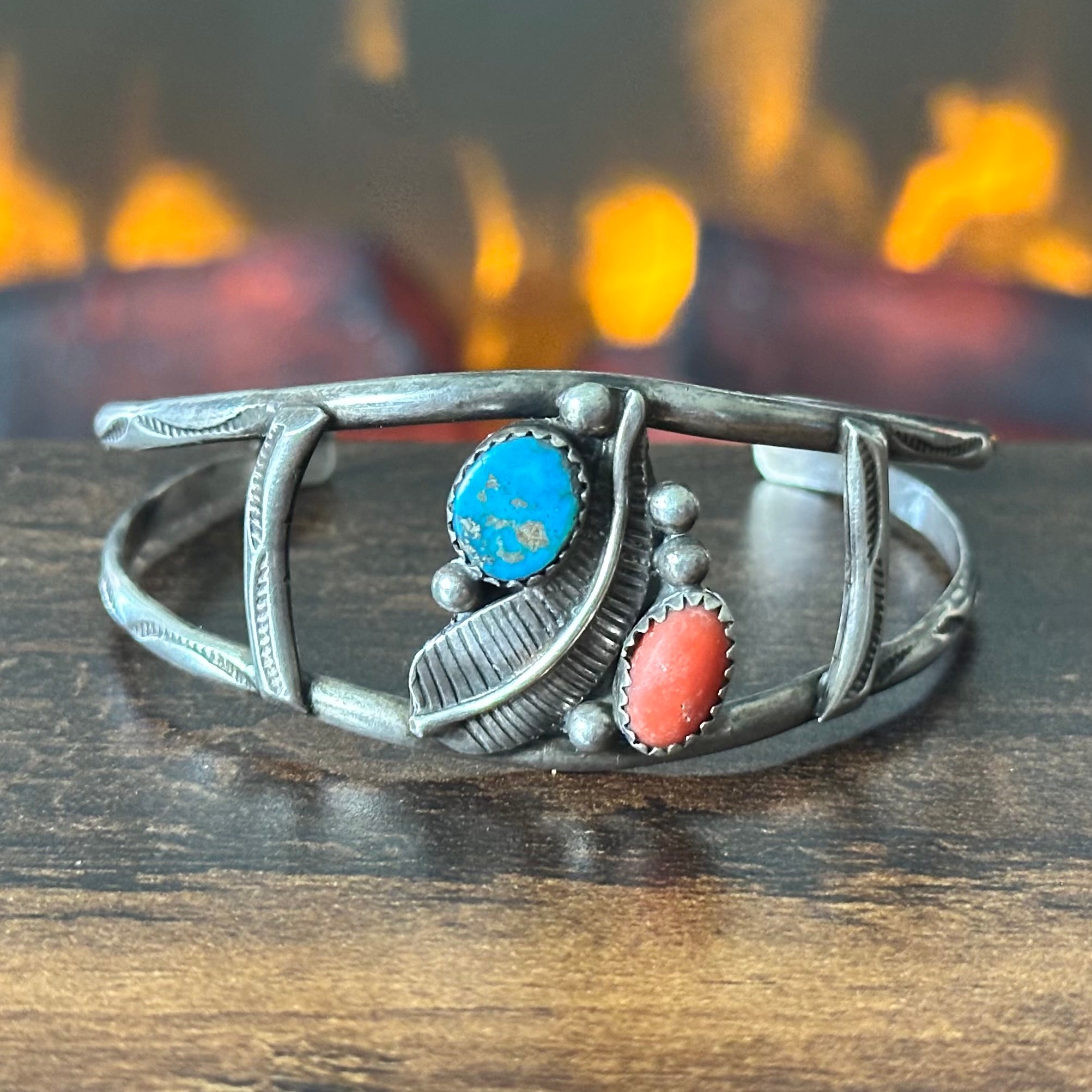 Turquoise Red Coral Sterling Hand Stamped Raindrop Feather Cuff