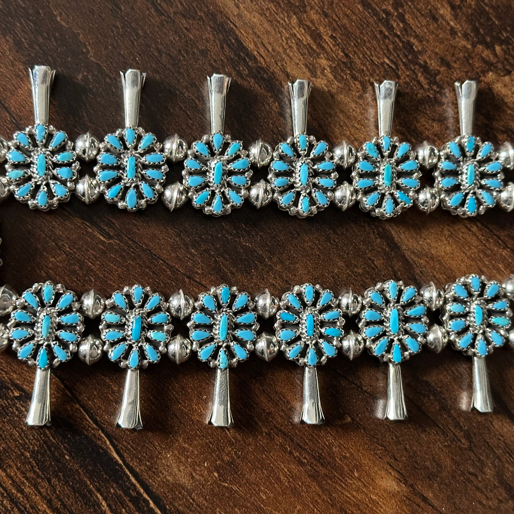 Navajo Elton James Reversible Turquoise Red Coral 376 Stone Sterling Petite Point Cluster Squash Blossom Necklace Earrings Set