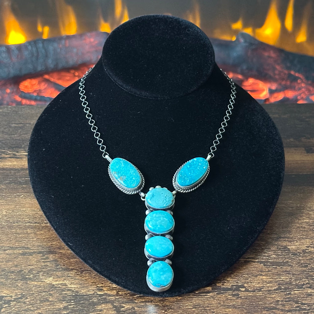 Navajo Eli Skeets Turquoise 6 Stone Sterling Raindrop Lariat Necklace