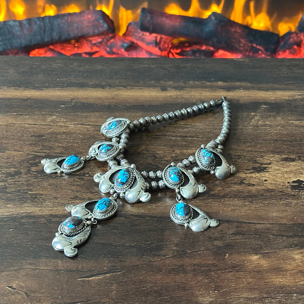 State Line Indian Jewelry Webbed Turquoise 9 Stone Sterling Hand Stamped Twist Wire Bezel Statement Necklace