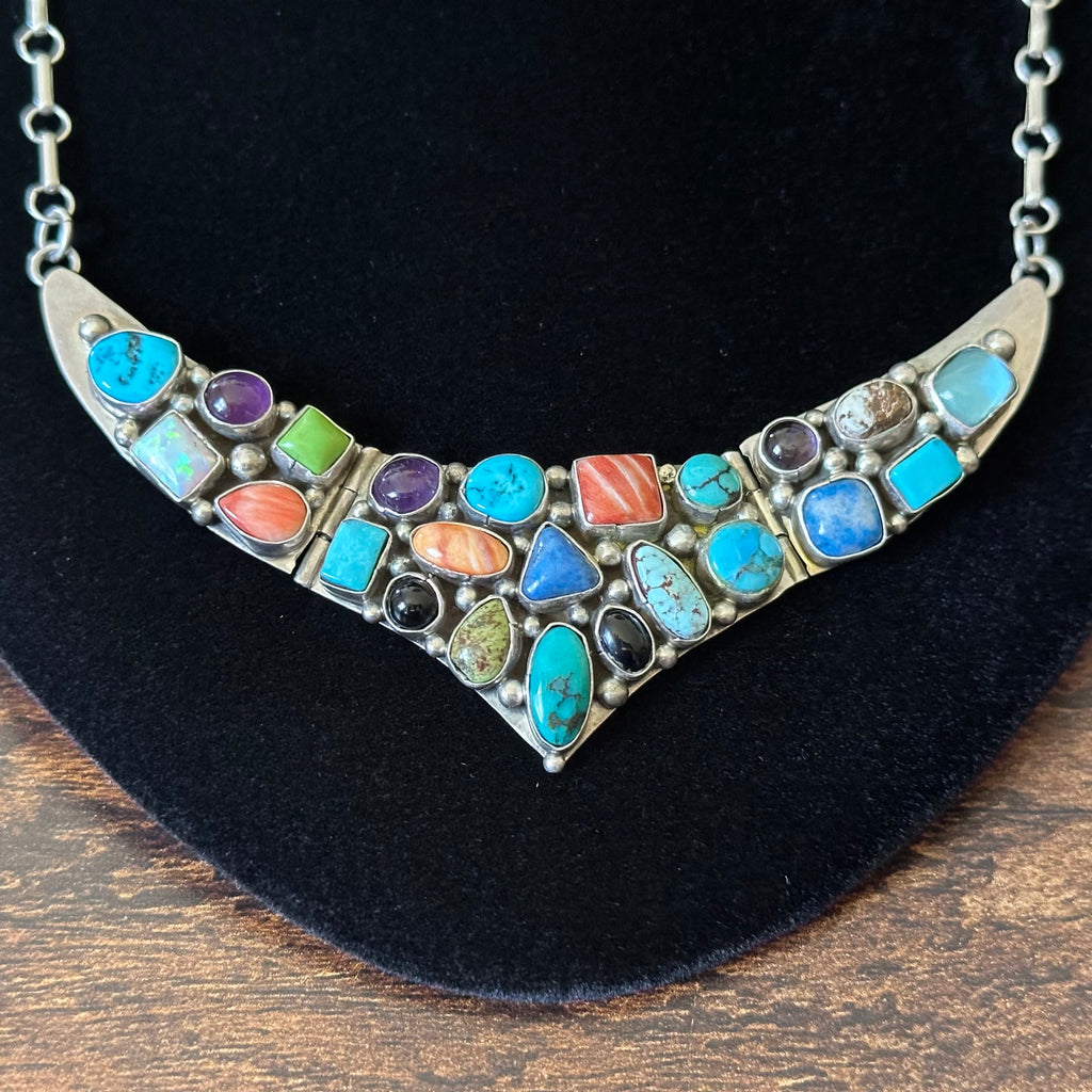 Navajo Emer Thompson Turquoise Spiny Oyster Onyx Lapis Gaspeite Opal Amethyst 23 Stone Sterling Cluster Statement Necklace