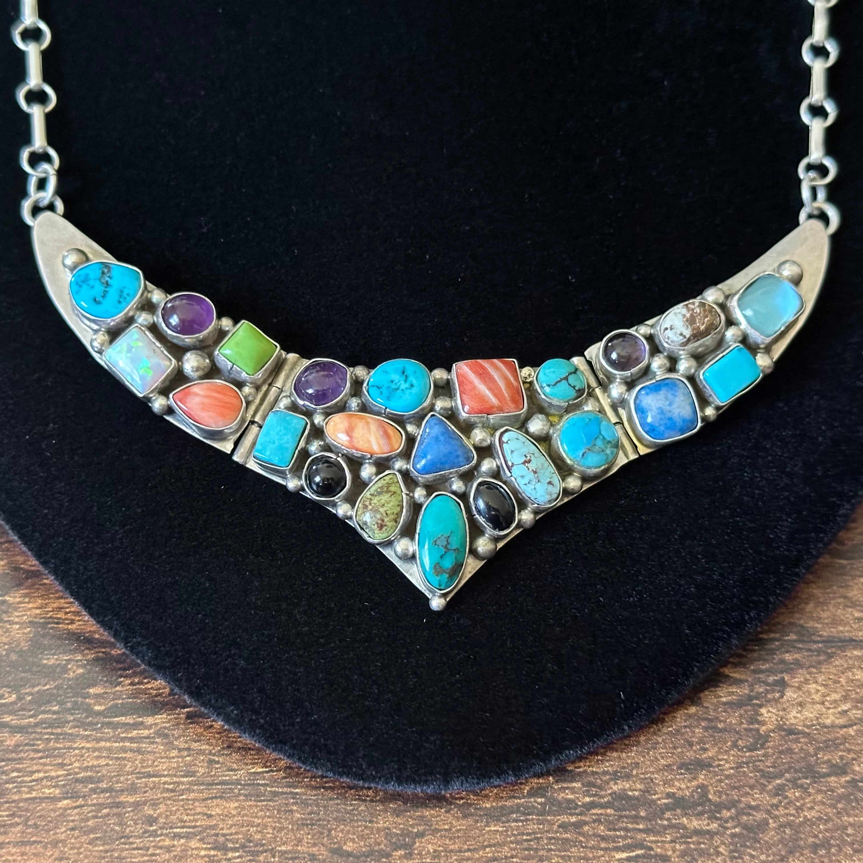 Navajo Emer Thompson Turquoise Spiny Oyster Onyx Lapis Gaspeite Opal Amethyst 23 Stone Sterling Cluster Statement Necklace