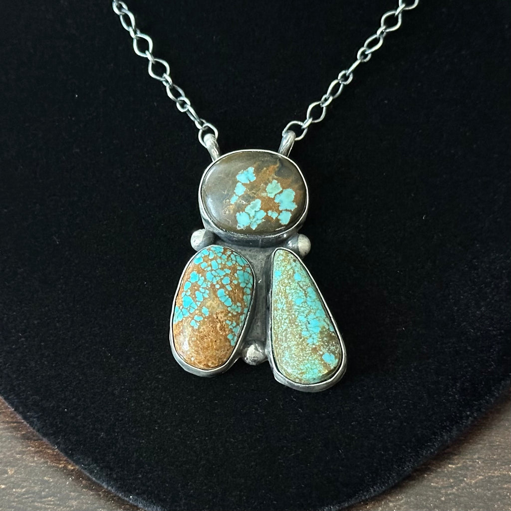 Navajo LeTricia Largo Mine #8 Turquoise 3 Stone Sterling Raindrop Pendant Necklace