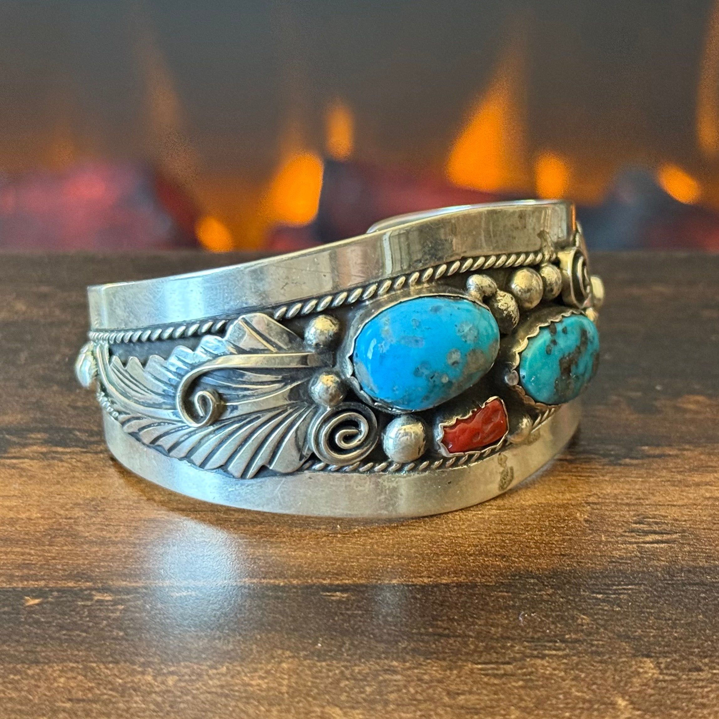 Navajo Wilbur Wauneka Turquoise Red Coral Sterling Ornate Leaf Statement Cuff