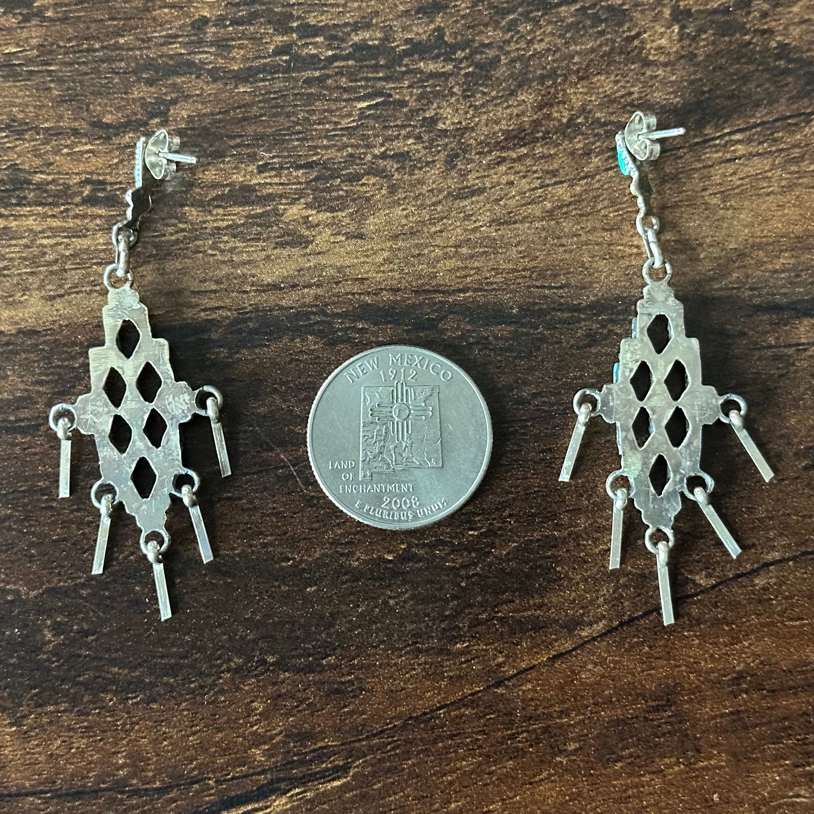 Zuni DB Signed Turquoise 22 Stone Sterling Needlepoint Tassel Dangle Earrings